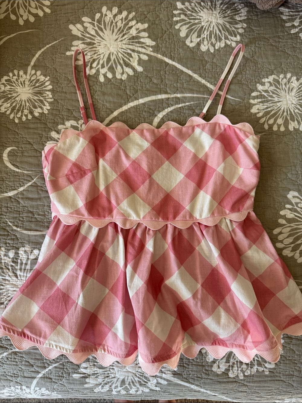 Peach Love California Pink & White Gingham Scalloped Tank